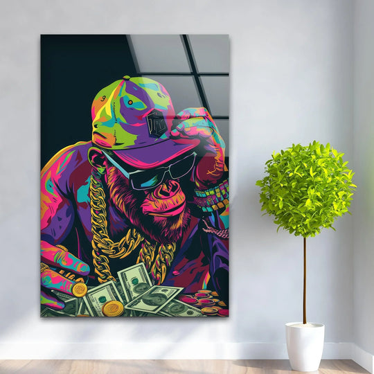A vertical, rectangular cool monkey pop art glass wall art decor featuring a vibrant, colorful chimpanzee with gold chains and money.