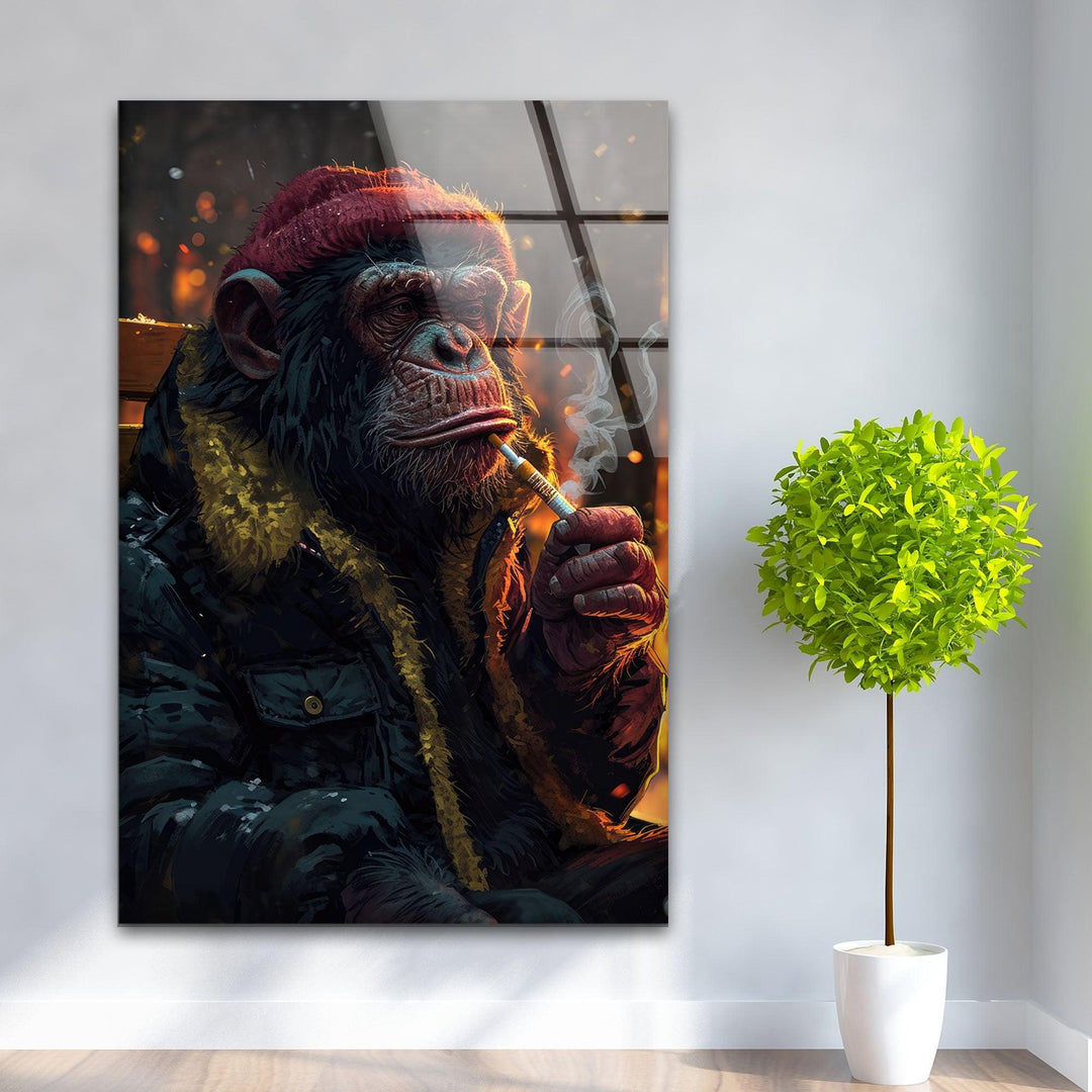 Wandkunst aus gehärtetem Glas mit Zigarre rauchendem Affe
