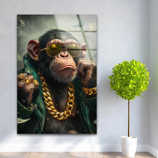 Gangster monkey with chain best glass art as a focal point with abundant negative space around it.