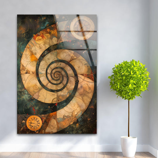 A mesmerizing abstract spiral design adorns this glass wall art, featuring swirling celestial patterns and vintage clock faces.
