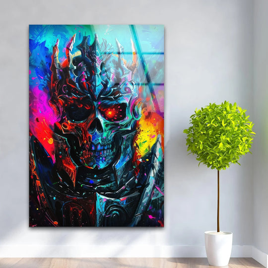 Dominating geometric elements form a striking skull warrior in this colorful glass art, highlighting the crown and abstract shapes with bold colors.
