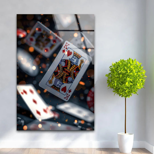 The king of hearts playing card transitions from deep blues and reds to shimmering golden highlights in this print wall art.