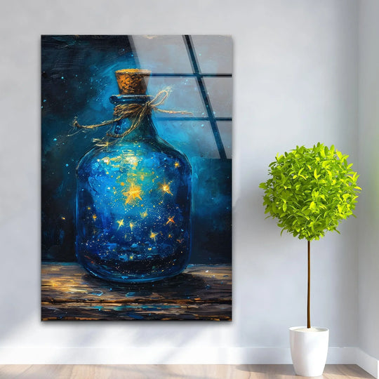 A cosmic galaxy swirls within a glass bottle, depicted as organic forms in this captivating art from glass.