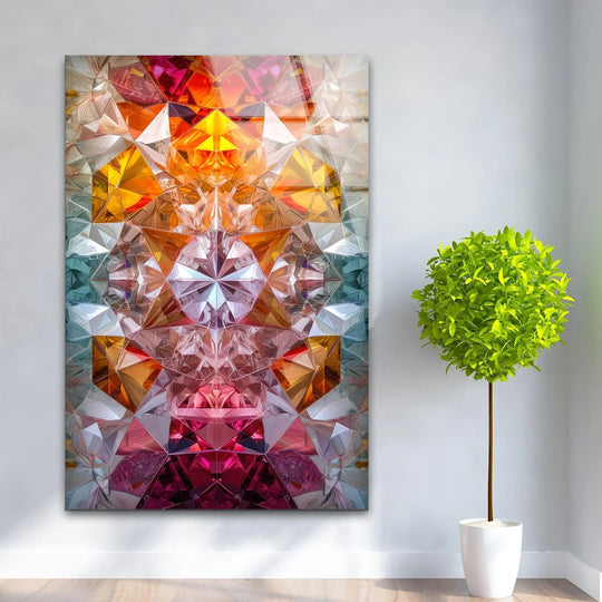 Geometric orange kaleidoscope glass wall art decor with intricate facets and vibrant colors.