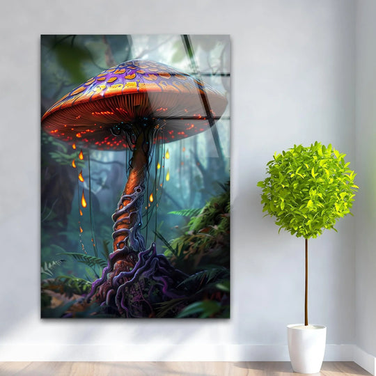 Stillness emanates from a mystical fantasy mushroom tempered glass wall art in a lush forest setting.