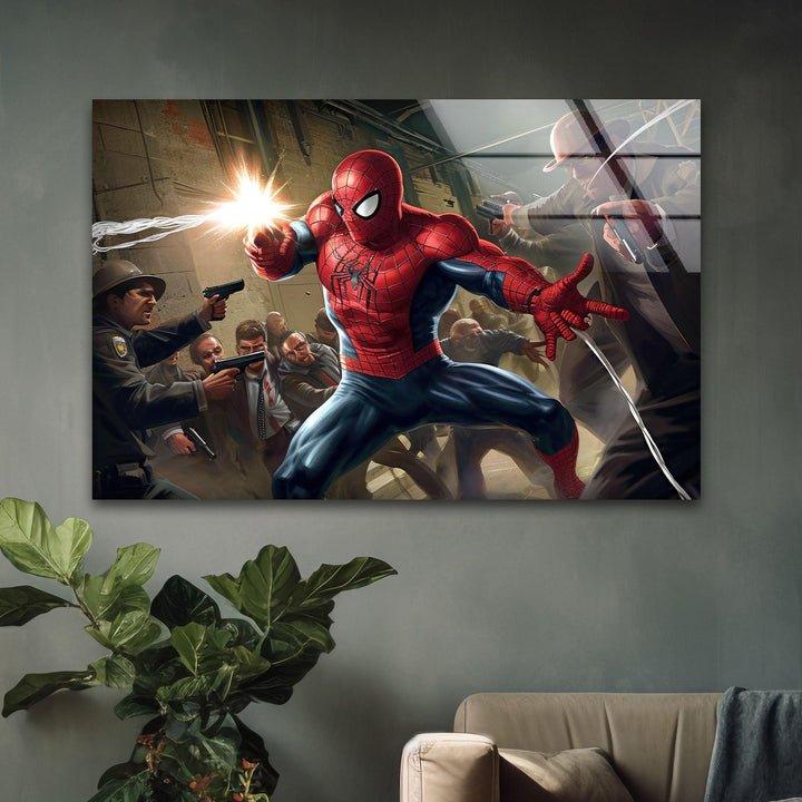 Spider Man Fighting Glass Wall Art glass photo prints, glass picture prints

