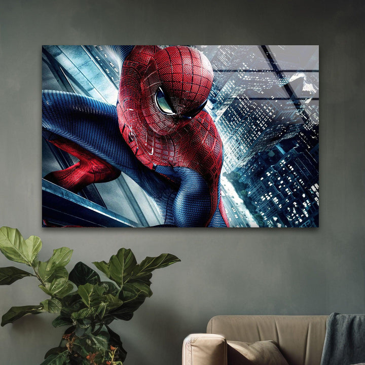 Spiderman City View Glass Wall Art photo print on glass, prints on glass wall art
