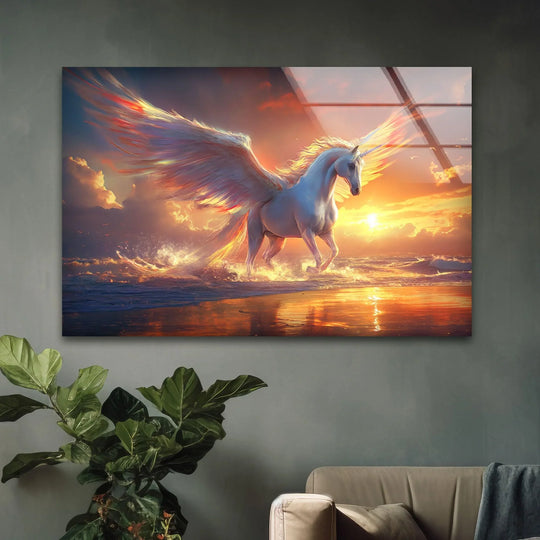 Pegaso the Mythical Winged glass art painting features a radiant sunset over the ocean illuminating the creature's ethereal wings.