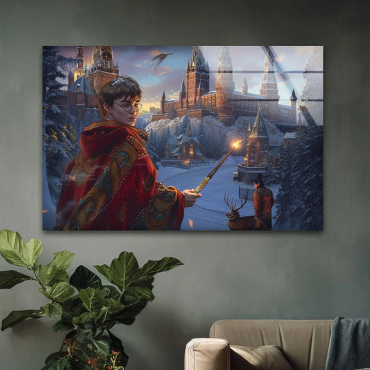 Highly saturated glass printing brings vivid color to this Young Wizard With Wand Magical Castle Winter Glass Wall Art.