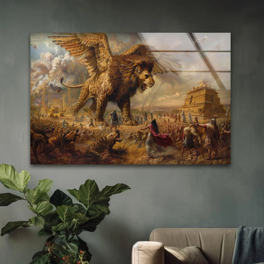 Highlighting the intense color contrast, the 'Epic of Gilgamesh' glass art painting features a winged lion against a backdrop of bright whites and deep earth tones.