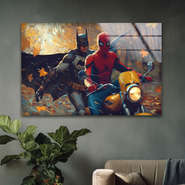 Spiderman & Batman Riding Motorcycle Print Photographs on Glass
