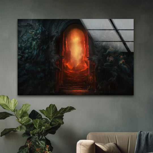 Featuring crisp edge details, this fiery portal in dark temple glass wall art showcases vibrant wall prints bordered by shadowed temple architecture.