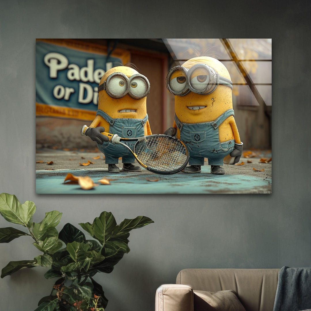 Minions With Racket Glass Wall Art custom glass photo prints, large glass prints
