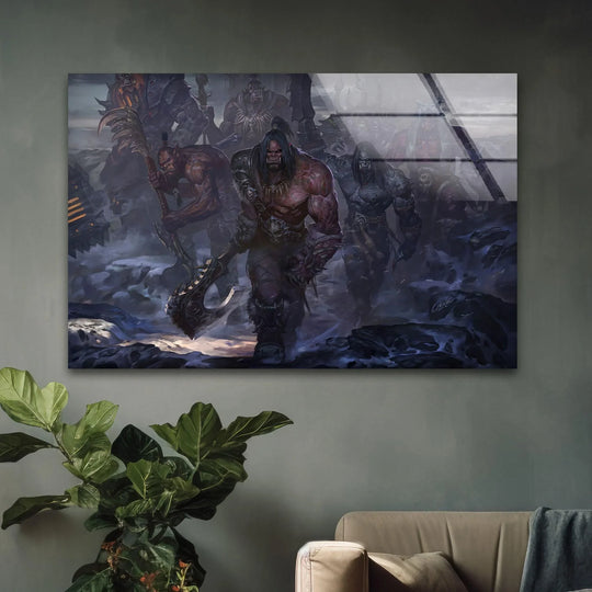 The darkest area showcases the ominous depth of this savage warrior clan march glass wall art, a striking home decoration piece depicting a dark tribal theme.