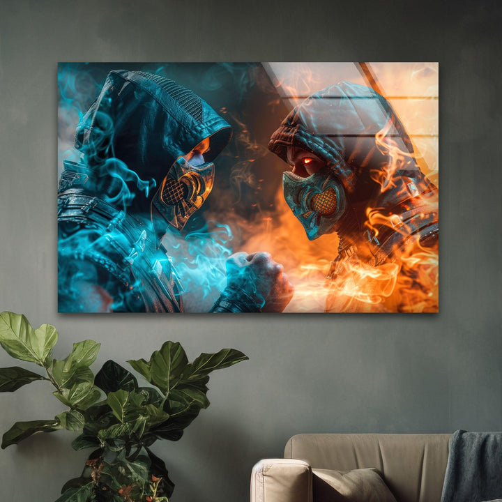 Mortal Kombat Sub Zero vs Scorpion Glass Wall Art,  glass wall decor, glass wall art decor