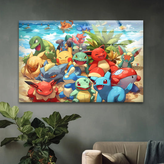 Abstractly, the vibrant cartoon glass wall art depicts a tropical beach scene, blending playful character designs with the smooth surface of tempered glass wall art.