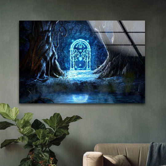 Cool color temperatures dominate this enchanted forest portal blue light fantasy tempered glass wall art, creating an ethereal, otherworldly ambiance.