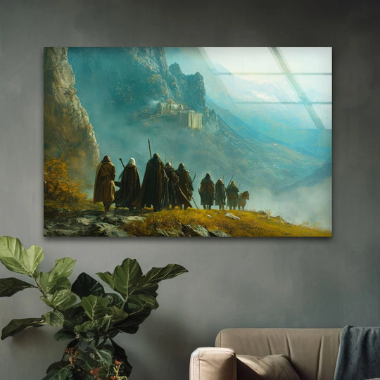 Organic forms shape the figures' cloaks and the mountainous terrain in this fantasy landscape, a mesmerizing wall art prints piece perfect for adventure lovers.