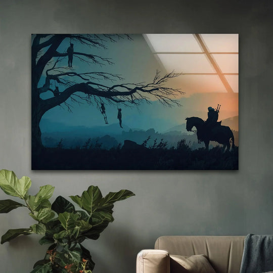 Tempered art from glass creates a reflective sheen that enhances the dark rider and silent tree scene in this striking wall art.
