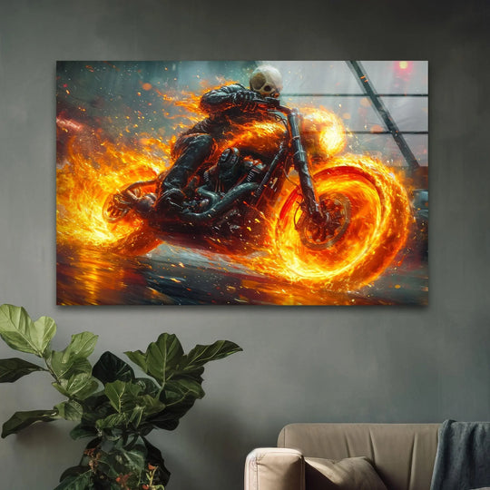 Epic Flaming Rider Riding a Fire Motor Glass Wall Art
