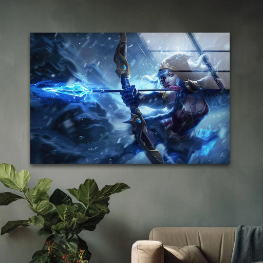 Cool tones dominate this glass printing wall art, showcasing a fantasy ice archer woman with vivid blue energy details.