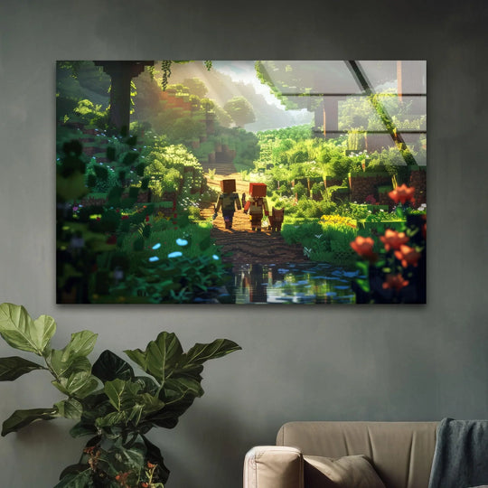 Highlighting the color contrast, the pixel forest adventure scene wall art prints create visual depth with bright green foliage and sunlight against the two dark, blocky figures.