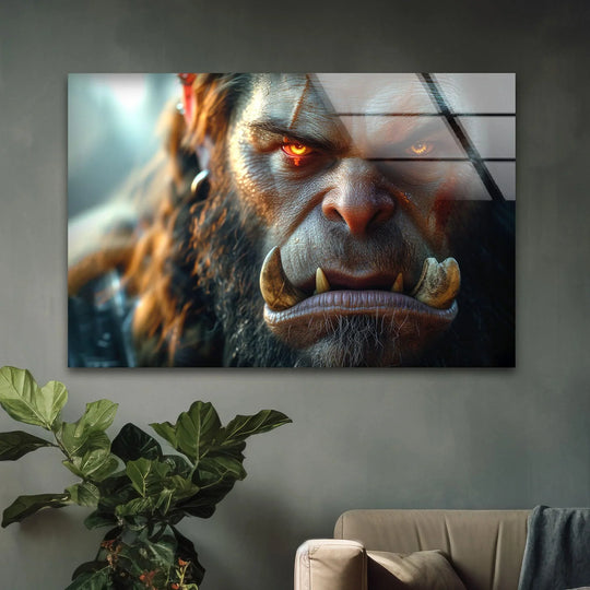 Dominating the negative space, this orc warrior portrait on glass shows stark contrasts in shadows and details, creating a striking piece of unique modern wall decor.