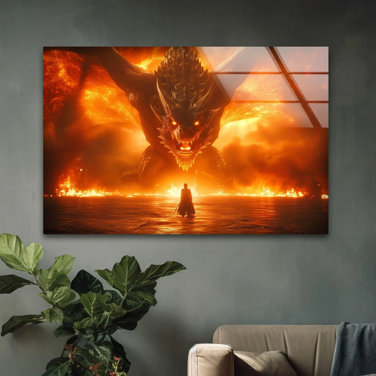 Negative space surrounds the imposing fire dragon in this fantasy scene, highlighting the tense confrontation portrayed in the glass wall artwork.