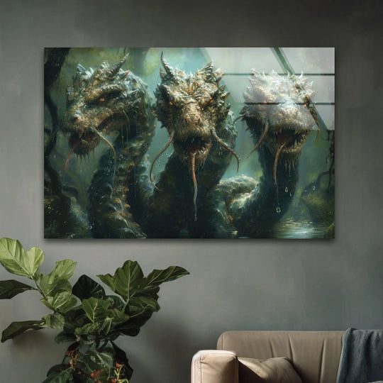 Featuring the sharp, angular heads of the hydra, this Greek Mythology Hydra wall art prints showcases the geometric patterns in stunning, tempered glass.