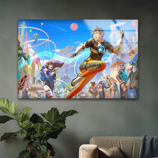 Joyful, vibrant glass printing captures the playful mood of this futuristic city action scene glass wall art with its colorful characters and dynamic energy.