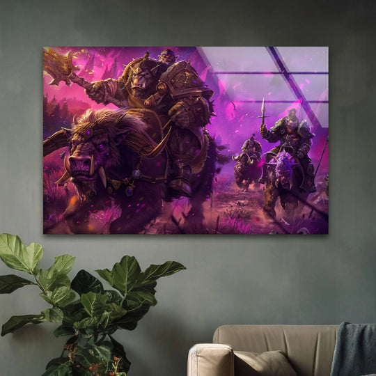 Undulating fur and sweeping horns accentuate the organic forms of beasts and warriors depicted in this fantasy tempered glass wall art, set against a turbulent purple storm.