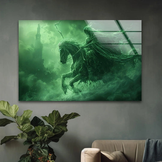 Capturing the realistic detail of ghostly rider glass wall art shrouded in green mist showcases exceptional glass printing with a dark fantasy aesthetic.
