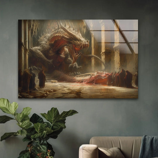 Highlighting the brightest area, this captivating glass art shows a monstrous dragon emerging in a mythical scene, adding a touch of fantasy to your living space.