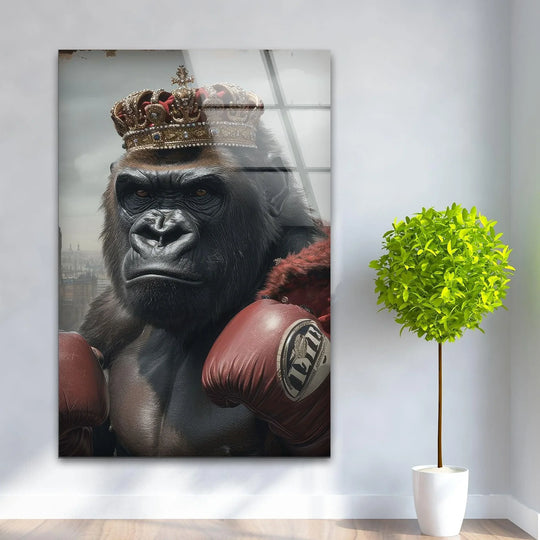 A photorealistic glass art painting captures a regal gorilla in boxing gloves and a jeweled crown, showcasing intricate fur and armor details.