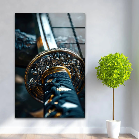 A striking close-up of a samurai sword's hilt and ornate guard conveys a mood of refined power, captured beautifully as art from glass.