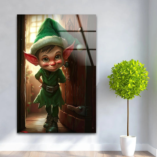 A happy elf with rosy cheeks on festive Noel Elf Home best glass art.
