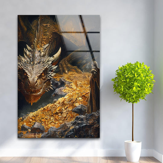 Intense color saturation showcases a dragon guarding a pile of gold coins in this Golden Hoard Dragon Guardian Dark Cave Fantasy tempered glass wall art.