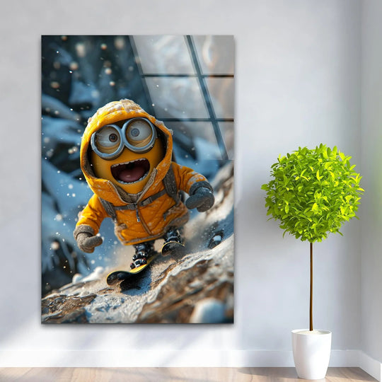 Bright yellow and gray create a strong color contrast in this cute winter explorer character glass art painting of a snow-covered scene.