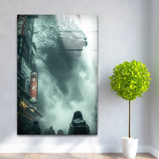 Towering over frightened crowds, the colossal monster dominates the cinematic sci-fi city scene in this dramatic tempered glass wall art.