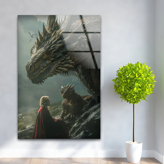Towering dragon's scaly head and powerful presence are the loudest element in this fantasy glass wall art prints featuring a dragon mother and her hatchling with a woman.
