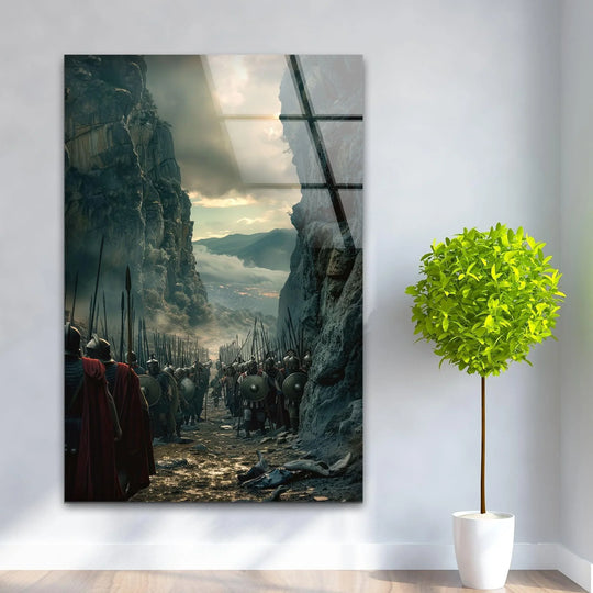 Contrasting the figures in Spartacus glass wall prints, the negative space emphasizes the vast canyon and the ominous sky above the army.