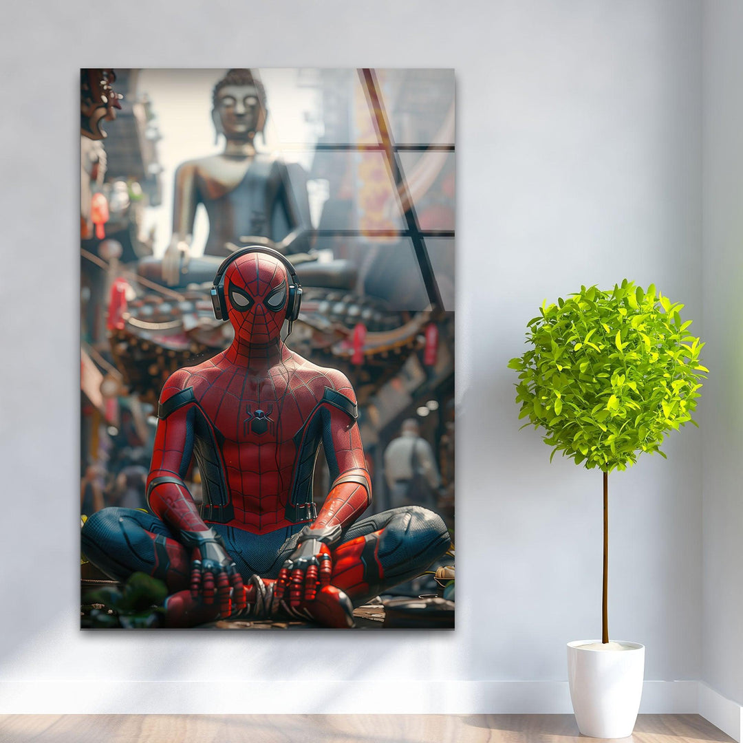 Spiderman with Buddha Glass Wall Art photo print on glass, prints on glass wall art
