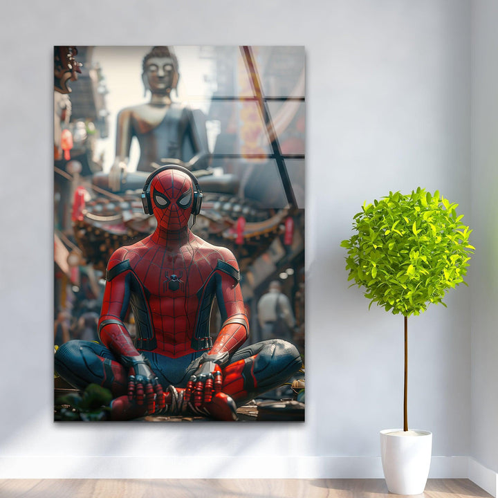 Spiderman with Buddha Glass Wall Art photo print on glass, prints on glass wall art
