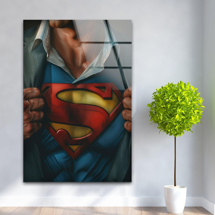 Superman T-shirt Glass Wall Art, glass art painting, glass art for the Wall