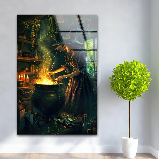 A witch stirs a bubbling cauldron with glowing embers, surrounded by hanging vines, as part of this unique wall prints.