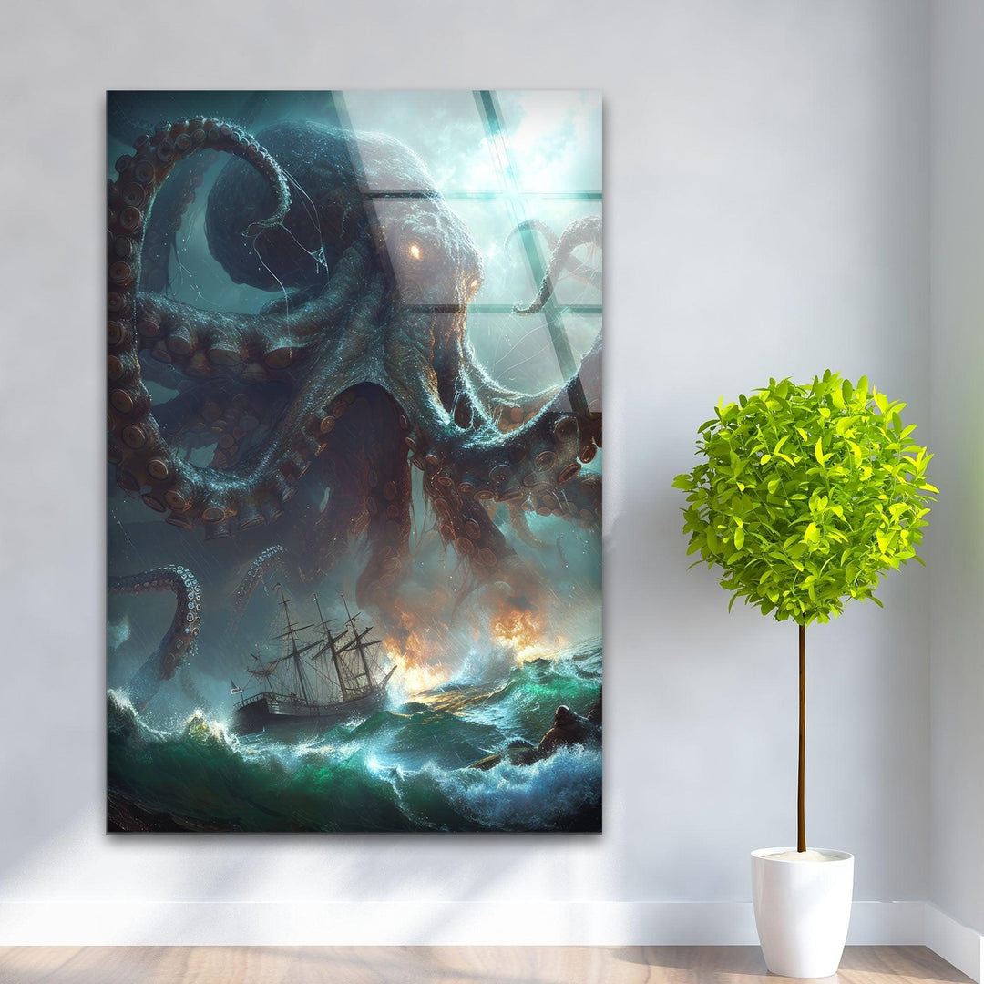 Kraken Octopus Glass Wall Art, glass art painting, glass art for the Wall