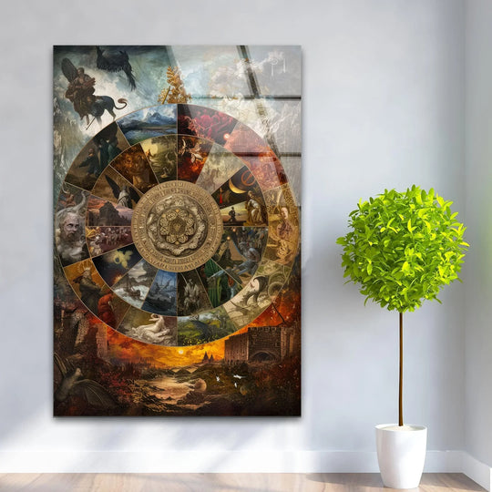 A stunning circular collage of mythological scenes on glass wall art, with a layering effect creating depth within decorative wall art.