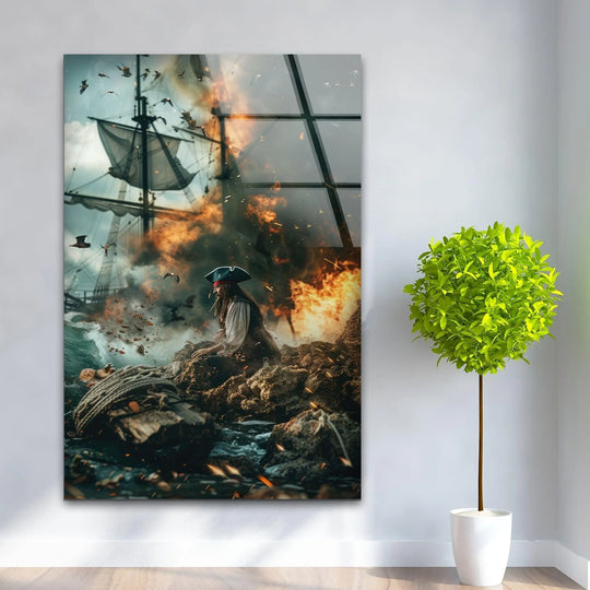 The glossy finish of this Burning Ship Pirate Battle Storm Sea glass print wall art highlights the dramatic scene with the ship ablaze and pirate in turmoil.
