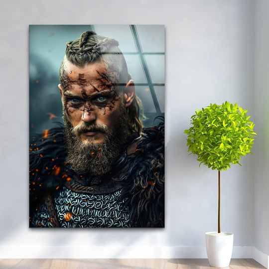 Displayed depth and layers highlight the intensity of the battle-scarred Viking warrior portrait in this piece of tempered glass wall art.