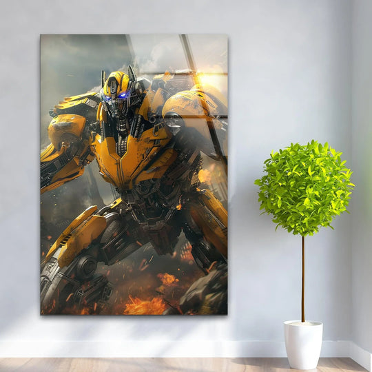 Glowing from an explosive backdrop, the brightest area of this sci-fi battle robot yellow decor highlights a tempered glass wall art decor.